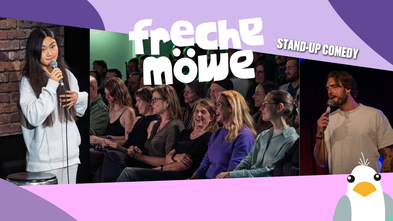 Event-Banner Freche Möwe Open Mic mit schrägen Farbbändern