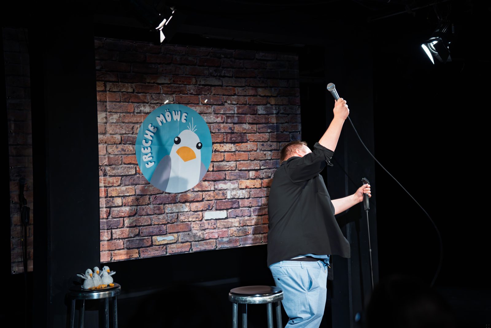 Comedian mit erhobenem Arm und Mikrofon vor der Freche-Möwe-Backdrop
